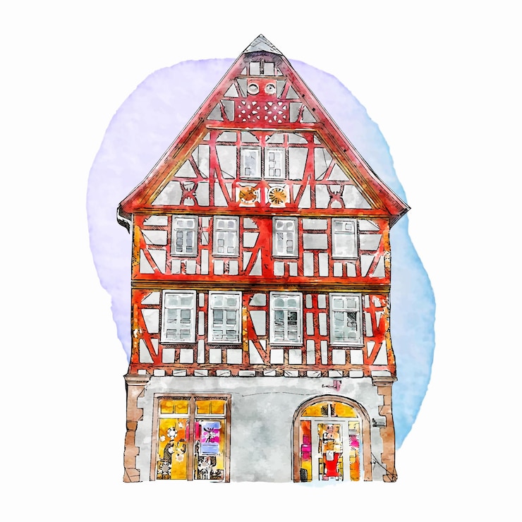 Vector arquitectura seligenstadt alemania acuarela dibujado a mano ilustración aislada sobre fondo blanco