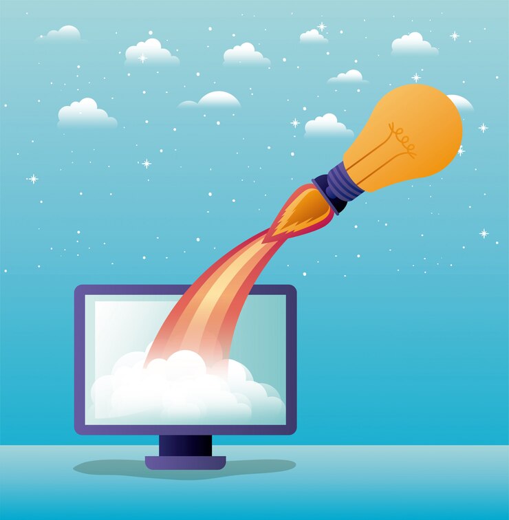 Vector arranque cohete con computadora de escritorio