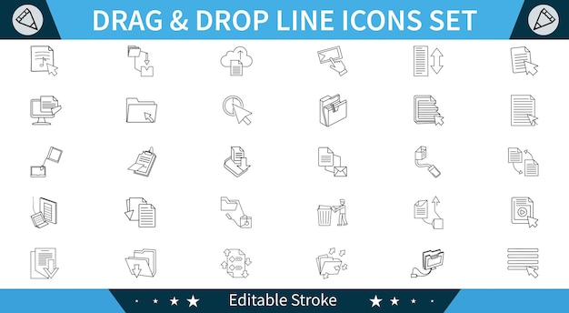 Arrastrar y soltar los iconos de la línea de gestión de archivos subiendo descargando compartiendo y más