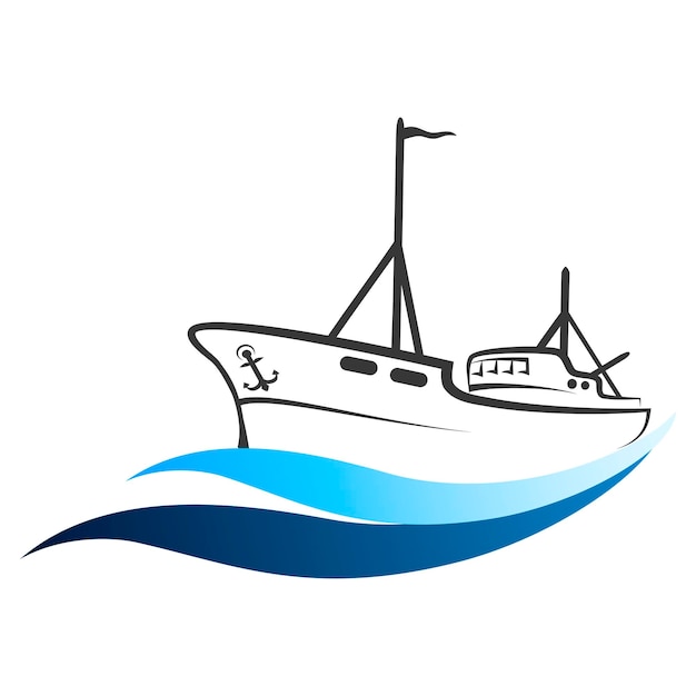 Arrastrero de pesca sobre olas azules