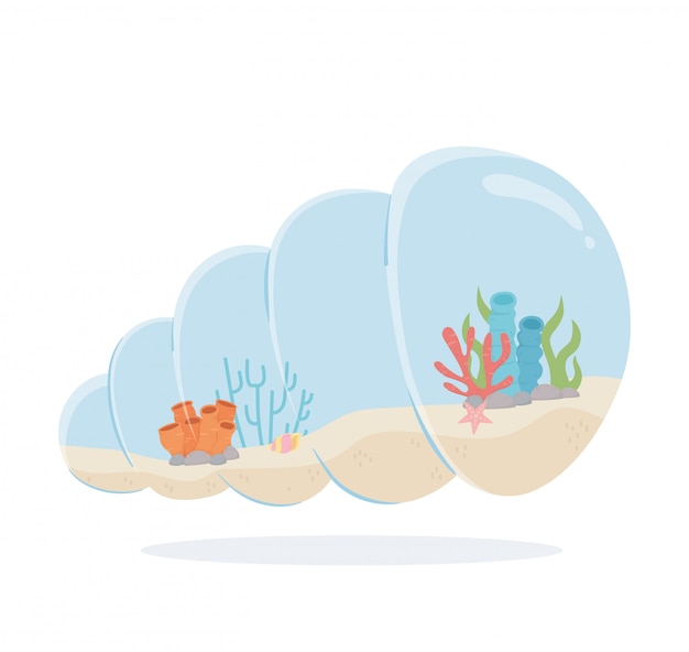 Arrecife de estrellas de mar coral arena caracol acuario en forma de concha bajo el mar ilustración vectorial de dibujos animados