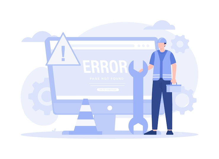 Vector arreglar el concepto de diseño de página de error 404 pantalla de computadora con error ilustración plana vectorial moderna