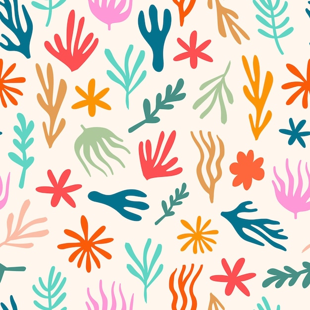 Arreglo abstracto formas florales orgánicas patrón sin costuras ilustración vectorial plana colorida