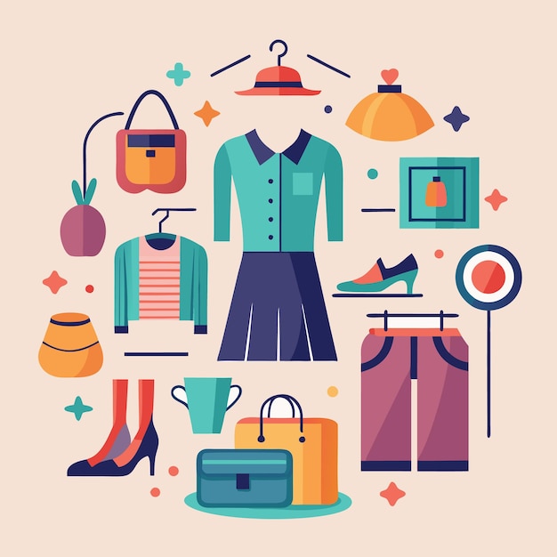 Un arreglo circular de varios artículos de ropa, zapatos, bolsas y accesorios con un fondo pastel