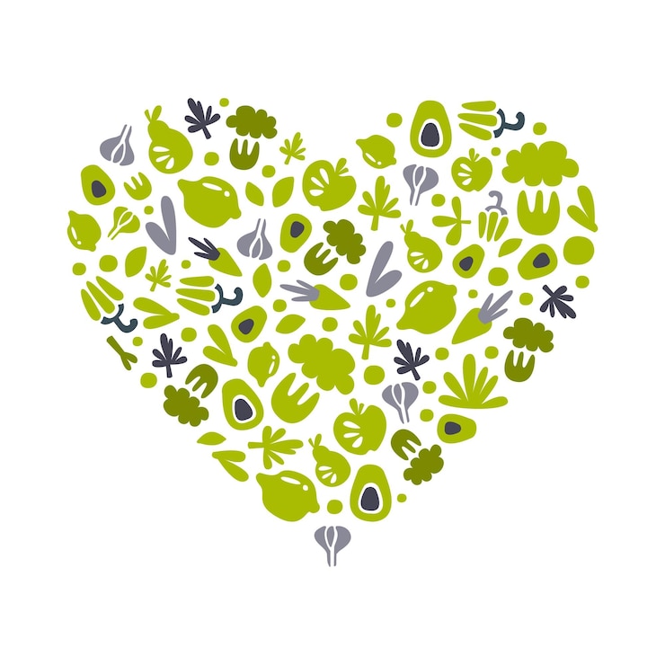 Vector arreglo de corazón de alimentos orgánicos de la granja con plantilla de vector de cultivo ecológico verde dibujada a mano