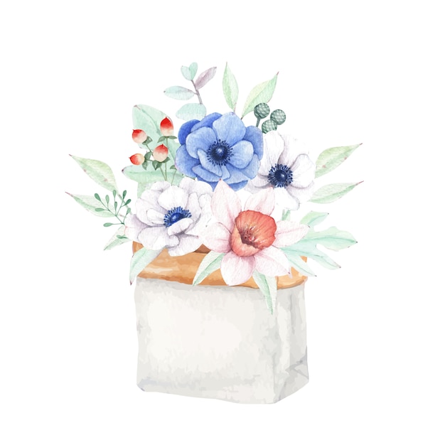 Vector arreglo floral de acuarela en bolsa de papel con anémona y flor de narciso