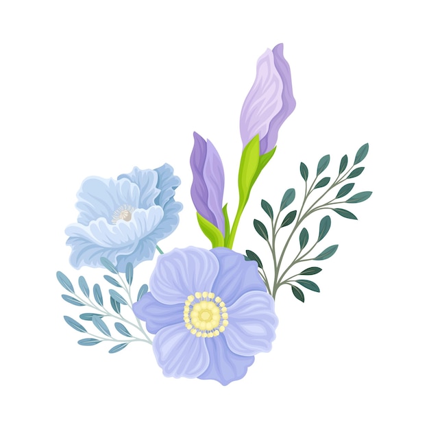 Arreglo floral con brote de iris cerrado en ilustración vectorial de tallo erguido verde