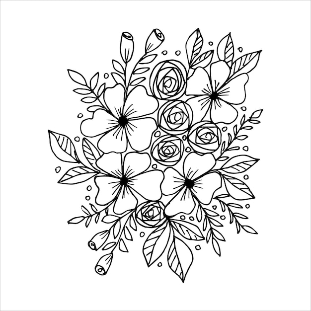 Arreglo floral dibujado a mano en color blanco y negro garabato o vector estilo boceto