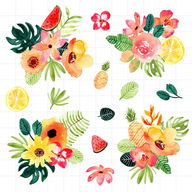 Vector arreglo floral floral y frutal colección acuarela.