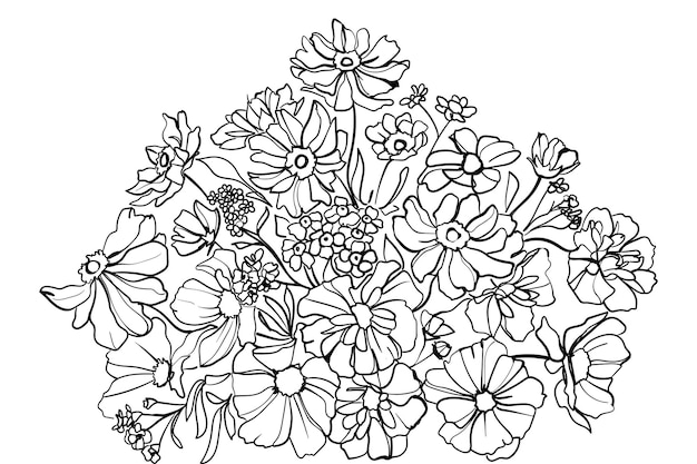 Arreglo floral de flores para decorar tarjetas de felicitación. arte lineal. - ilustración vectorial