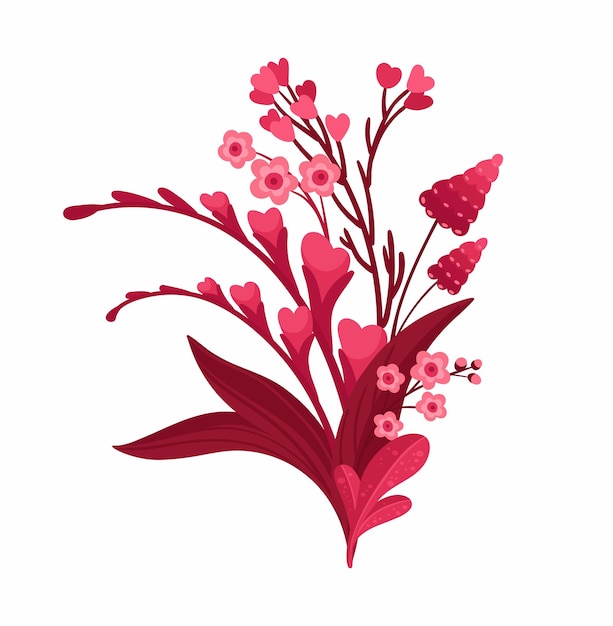 Arreglo floral magenta composición floreciente roja y rosa flores hojas y corazones clipart