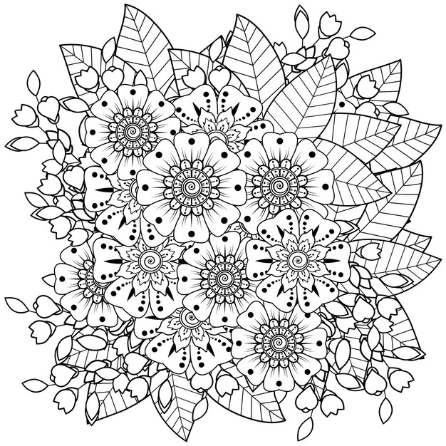 Arreglo floral mehndi. Adorno decorativo. Esquema mano dibujar página de libro para colorear.
