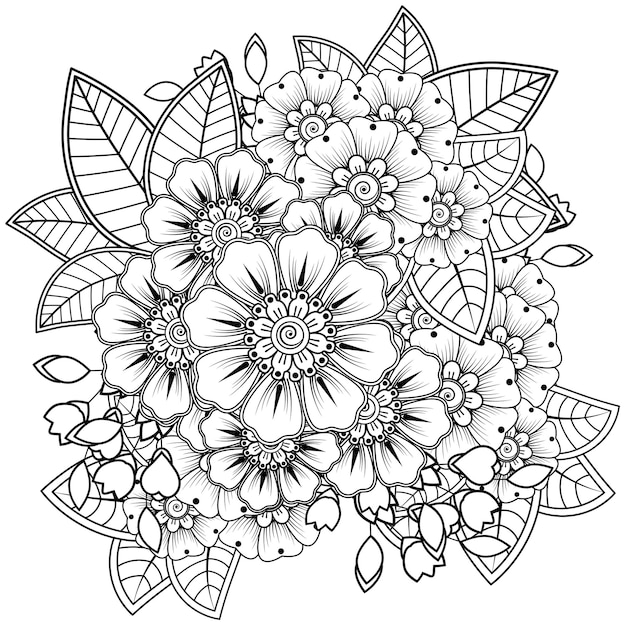 Arreglo floral mehndi. adorno decorativo. esquema mano dibujar página de libro para colorear.