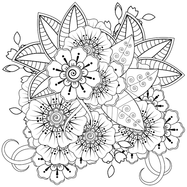 Arreglo floral mehndi. adorno decorativo. esquema mano dibujar página de libro para colorear.