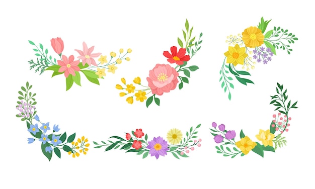 Arreglo floral con ramas y flores para el conjunto vectorial de decoración de esquina