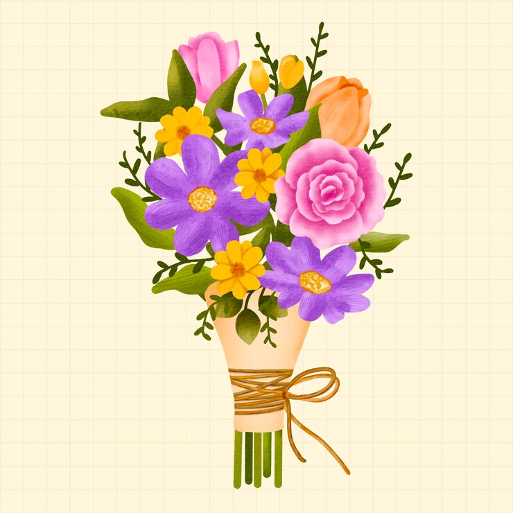 Vector arreglo floral y ramo de flores violeta rosa y amarillo para boda acuarela pintada a mano