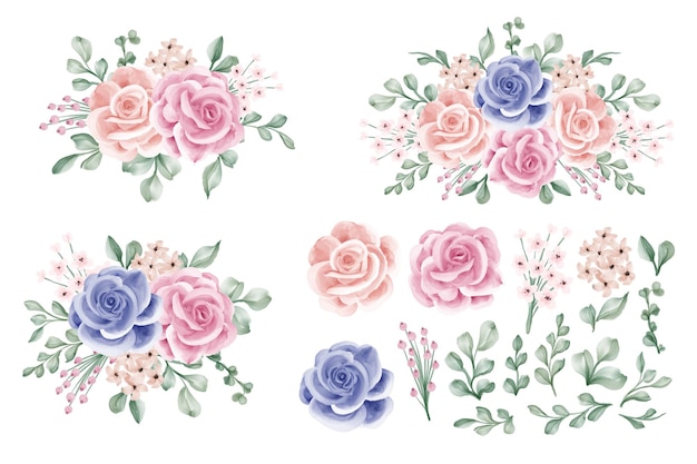 Arreglo floral rosa rosa azul, con flores y hojas clip-art aislado