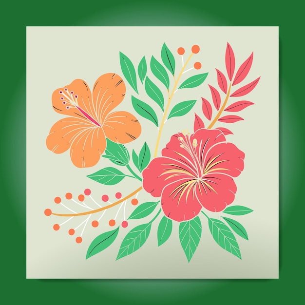 Arreglo floral vibrante de flores de hibisco y follaje exuberante