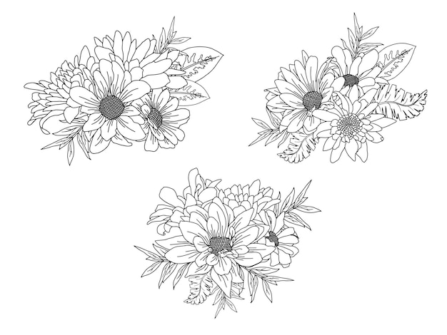 Arreglo de flores con arte lineal dibujado a mano