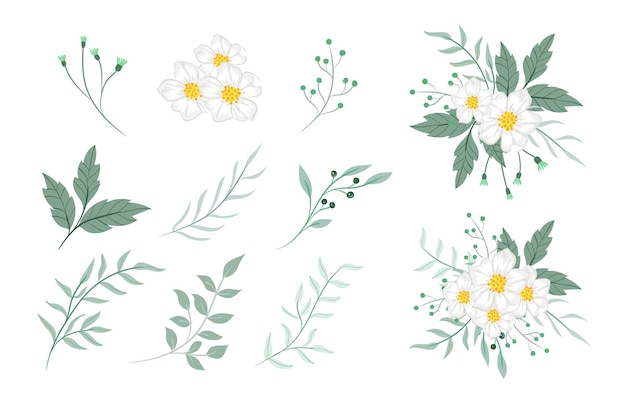 arreglo de flores blancas y verdes pastel y conjunto de elementos