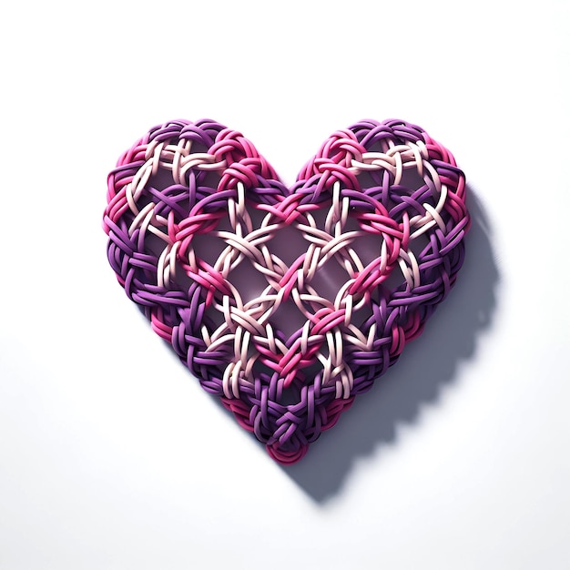un arreglo en forma de corazón hecho de bandas de goma rosadas y púrpuras entrelazadas