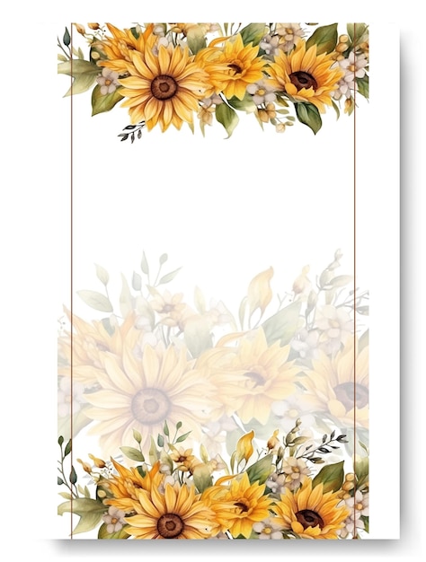 Arreglo de girasol amarillo y hojas en la esquina del marco pintado a mano en la tarjeta de invitación de boda