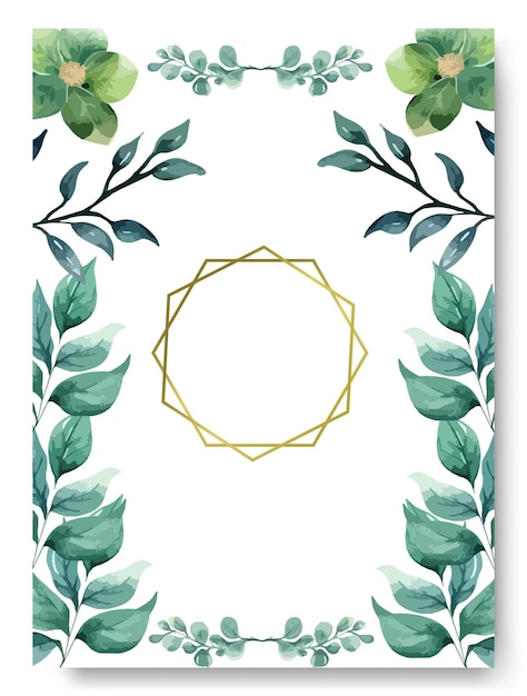 Arreglo de hojas verdes y ramas en el marco de la esquina pintura a mano en la tarjeta de invitación de boda