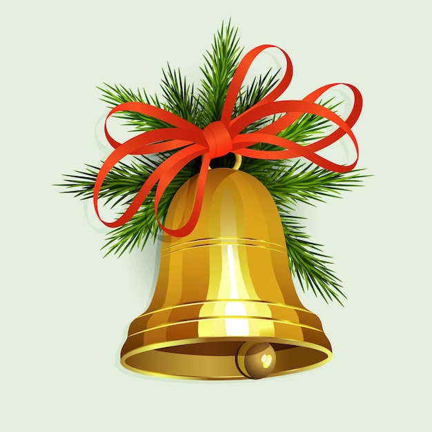 Arreglo navideño de ramas verdes de abeto y una campana dorada con un lazo rojo