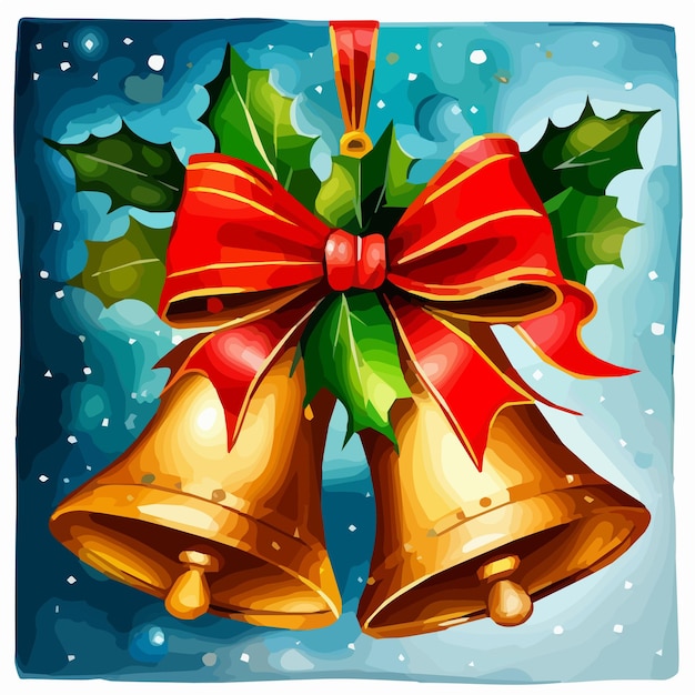 Vector arreglo navideño de ramitas de abeto verde, campanas doradas con diseño de cinta roja y copos de nieve