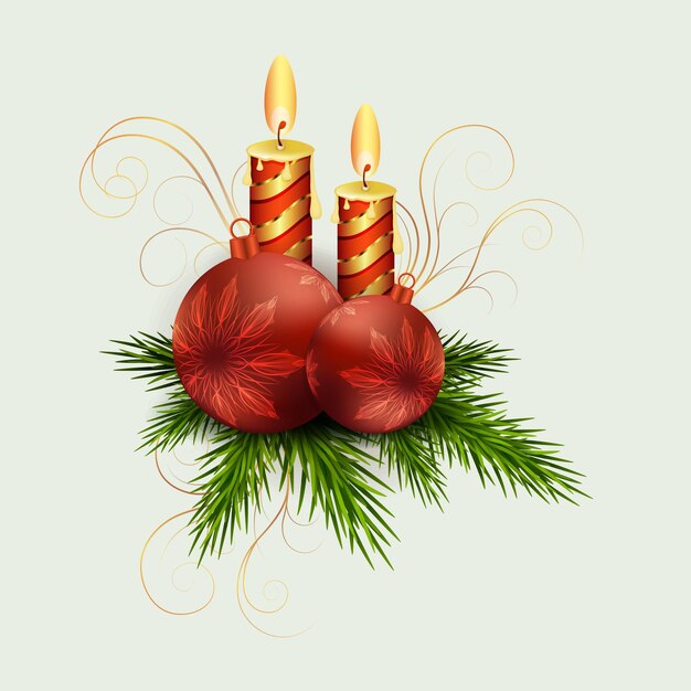 Arreglo navideño de ramitas verdes de abeto dos velas y bolas
