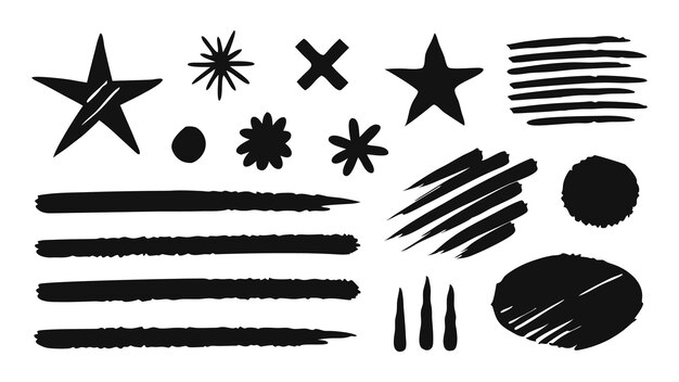 Un arreglo de negras y blancas pinceladas audaces que muestran un sorprendente contraste y movimiento fluido en un estilo artístico ilustración vectorial plana con fondo blanco