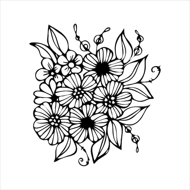 Arreglo de ramo de flores dibujado a mano en color blanco y negro estilo garabato o boceto página para colorear