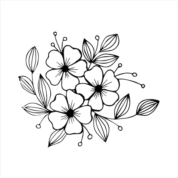 Vector arreglo de ramo de flores dibujado a mano en color blanco y negro estilo garabato o boceto postal invitación tarjeta de felicitación página del libro para colorear