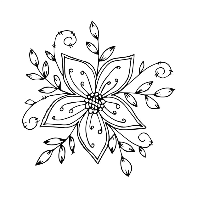 Arreglo de ramo de flores dibujado a mano en color blanco y negro estilo garabato o boceto, vector. Postal, invitación, afiche, tarjeta de felicitación, página de libro para colorear.