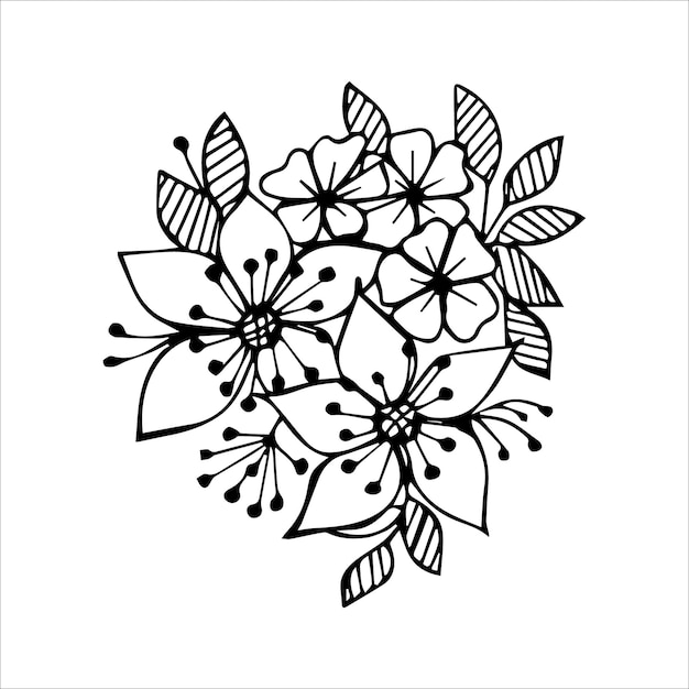 Vector arreglo de ramo de flores dibujado a mano en estilo de garabato o boceto de color blanco y negro