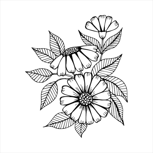 Arreglo de ramo de flores dibujado a mano en estilo de garabato o boceto de color blanco y negro