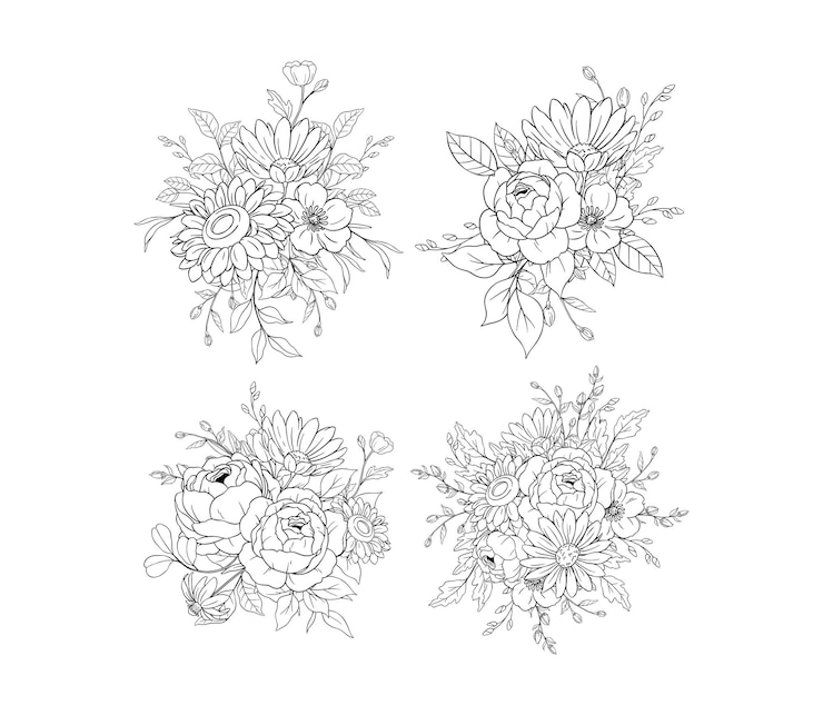 Vector arreglo de ramos de flores dibujados a mano