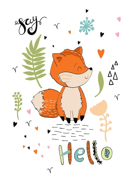 Arreglo vectorial con decoración de bosque de zorro en un póster de vivero de fondo blanco