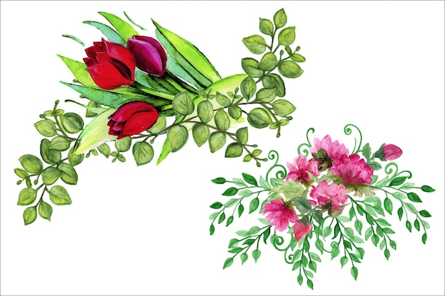 Arreglos florales Ilustraciones en acuarela Ramos de flores multicolores hojas y flores