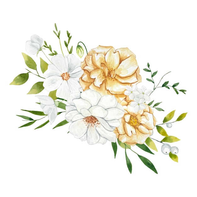 Arreglos de flores beige y blancas con hojas verdes