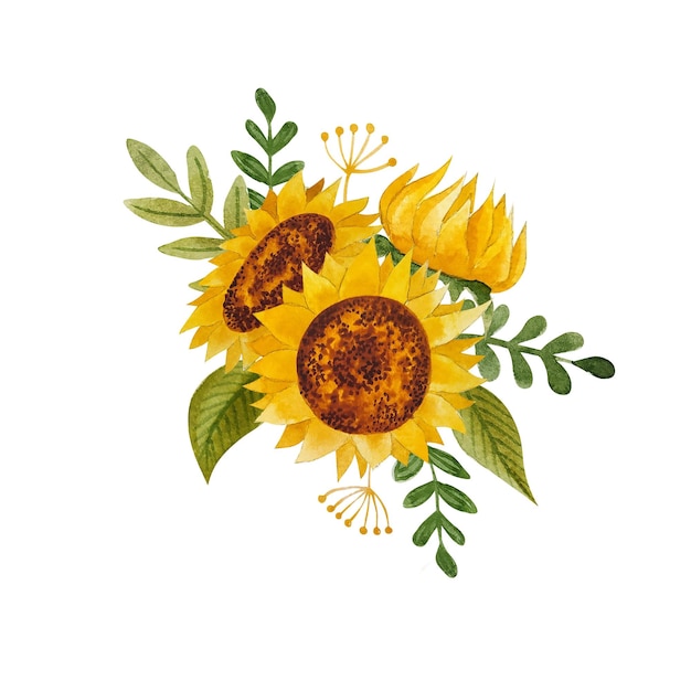 Arreglos de girasoles simples de dibujos animados de acuarela