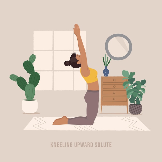 Arrodillarse hacia arriba Solute Pose Mujer joven practicando Yoga pose