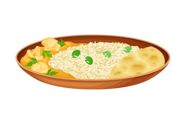 Arroz al vapor con coliflor de curry como plato indio y plato principal servido en el plato y adornado con hierbas Ilustración vectorial de primer plano