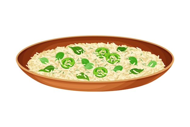 Arroz al vapor con hierbas y chiles verdes como plato indio y plato principal servido en el plato Ilustración vectorial de primer plano