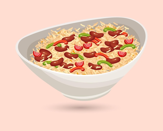 Arroz con frijoles negros en un plato hondo, cocina latinoamericana. Ilustración de alimentos, vector