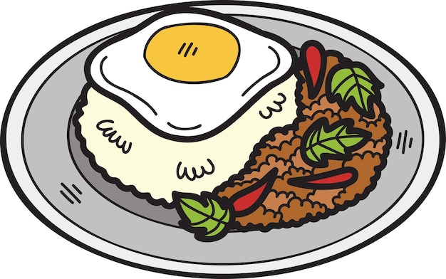 Arroz frito con albahaca dibujado a mano con huevo frito o ilustración de comida tailandesa