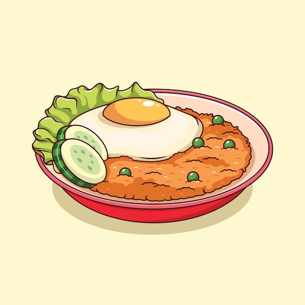 Vector arroz frito con huevo frito, lechuga y pepino ilustración de dibujos animados