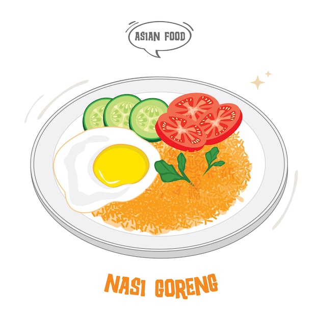 Arroz frito con huevos en una plantilla de vector de plato blanco
