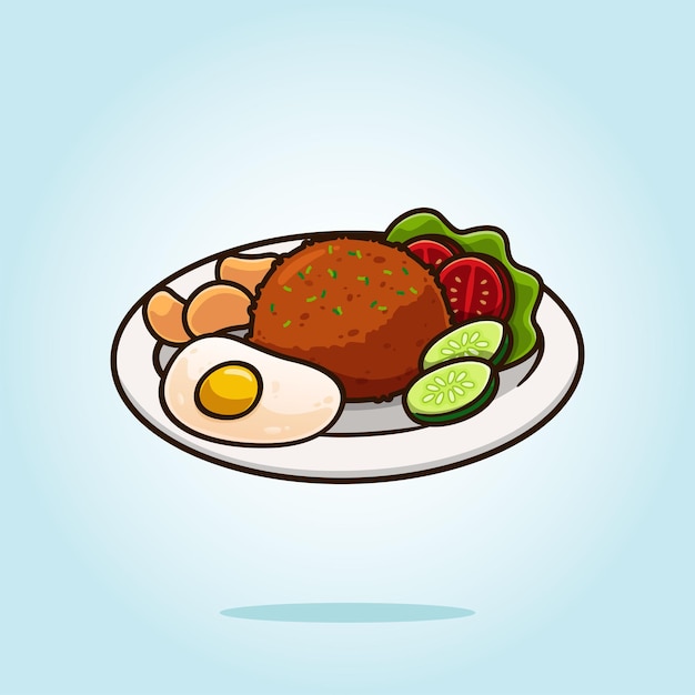 Arroz frito indonesio con lado soleado arriba huevo encima huevo nasi goreng dibujos animados de comida asiática