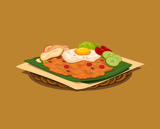 Vector el arroz frito, también conocido como nasi goreng, es comida callejera tradicional de indonesia con huevo y patatas fritas.